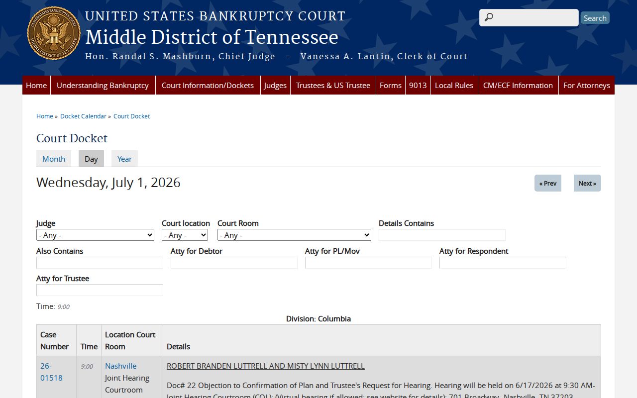 Coffee County court calendar reader viewing a separate federal bankruptcy calendar