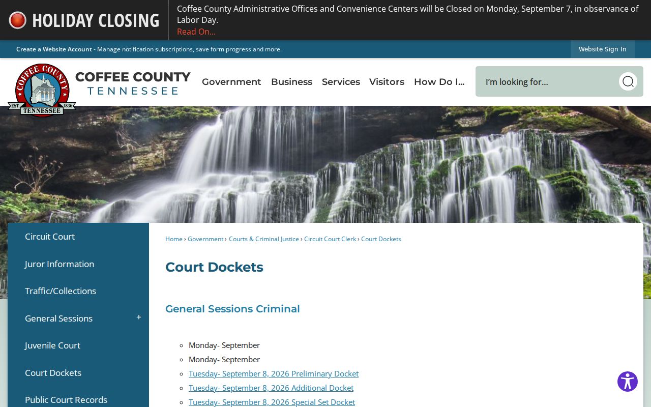 Coffee County court calendar official docket index