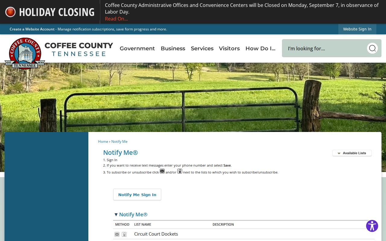 Coffee County court calendar docket alert subscription controls