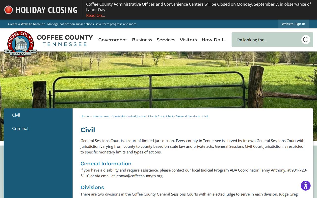 Coffee County civil court docket General Sessions page
