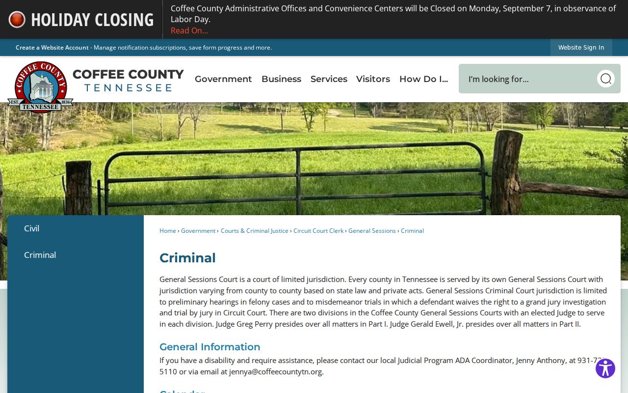 Coffee County criminal court docket General Sessions page