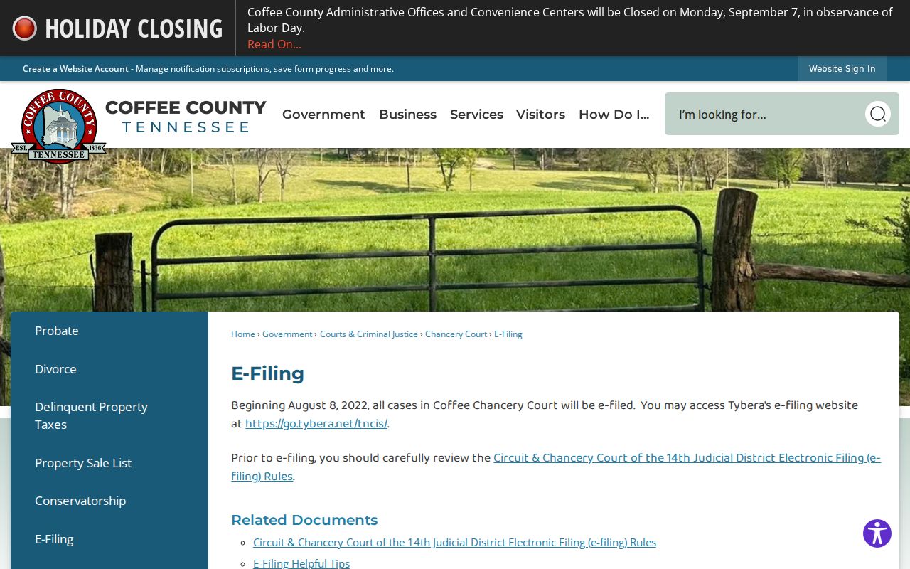 Coffee County Chancery Court e-filing page