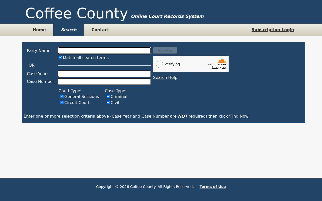 Coffee County case search TNCRTInfo fields