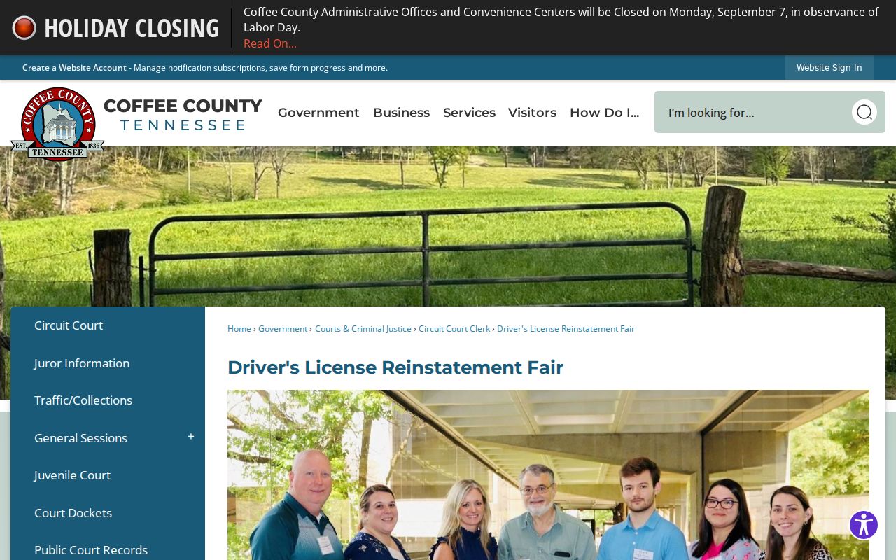 Coffee County license reinstatement fair and Justice Center kiosk information