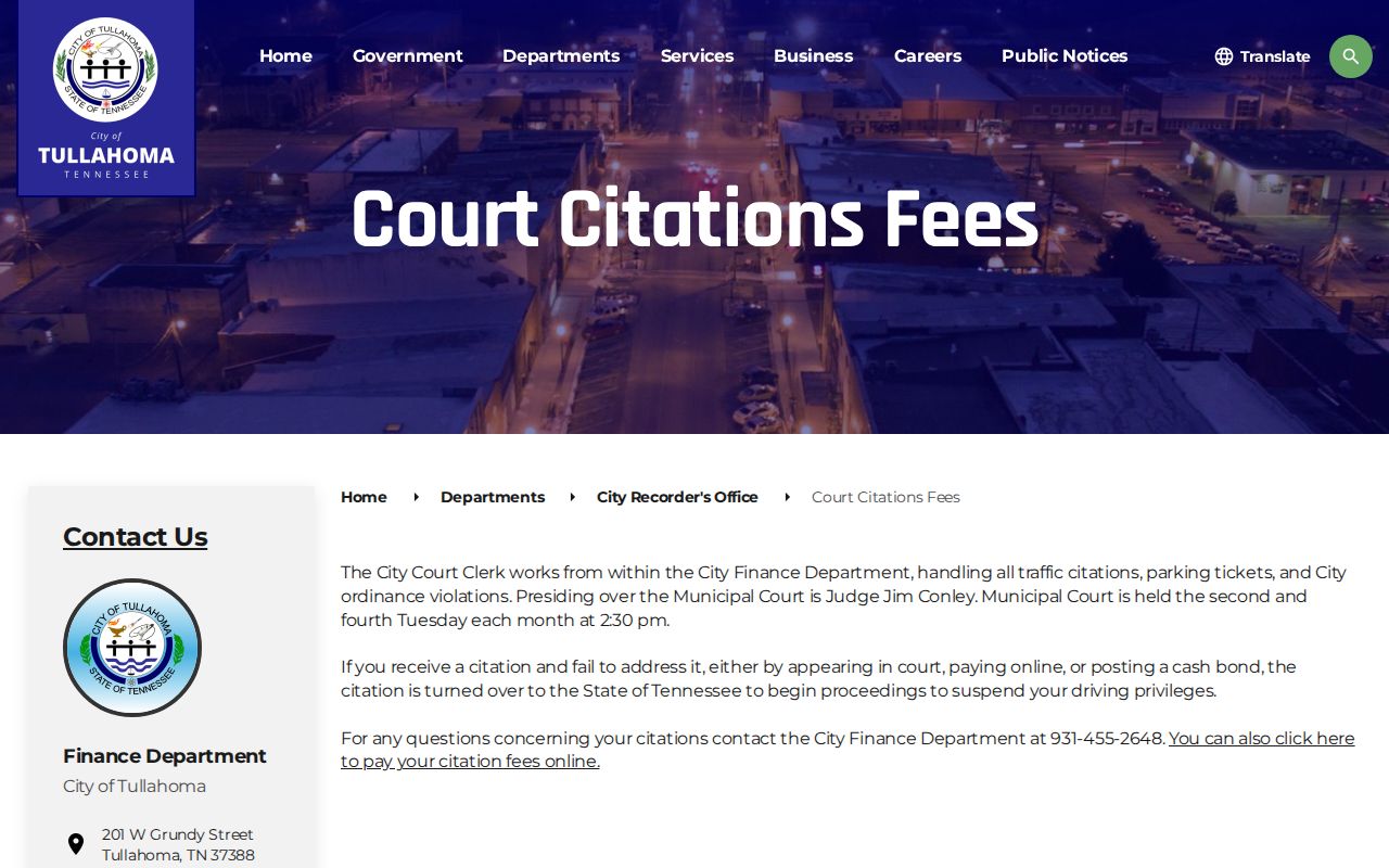 Tullahoma court citation and fee information